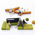 Modern Modular Sofa and Coffee Table Set with Orange Green Seats and Round Side Tables