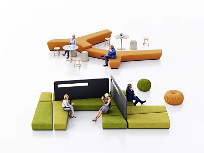 Modern Modular Sofa and Coffee Table Set with Orange Green Seats and Round Side Tables 3d model