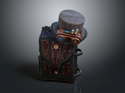 Steampunk Backpack Design With Top Hat Telescope like Device and Gear Decorations 3d model