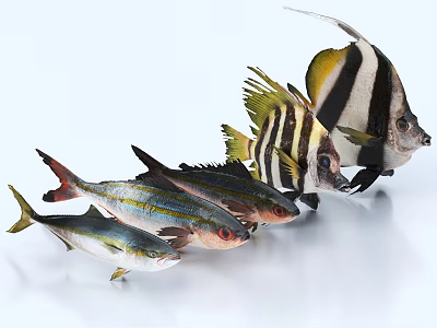 Colorful Tropical Fish With Striped Patterns Swimming in Group Against White Background 3d model