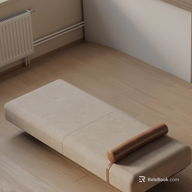Beige Fabric Sofa Bench with Wooden Accent Modern Minimalist Design on Sleek Wooden Floor 3d model 
