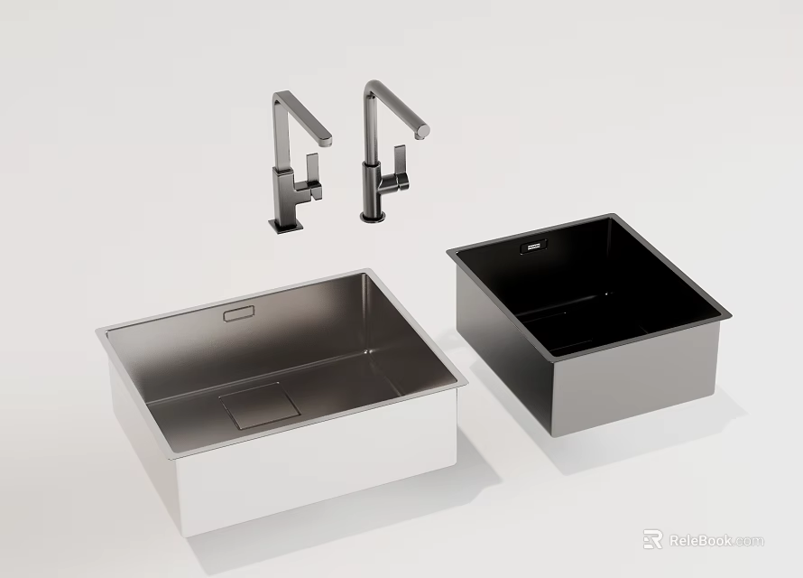 Two Stainless Steel Kitchen Sinks With Matching Faucets For Modern Kitchen 3d model 