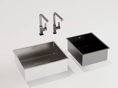 Two Stainless Steel Kitchen Sinks With Matching Faucets For Modern Kitchen 3d model