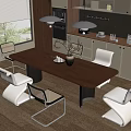 Modern Restaurant Dining Space With Brown Long Table White Black Chairs And Kitchen Cabinets