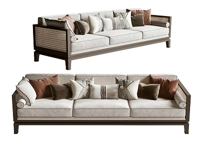 Modern Three Seater Sofa With Beige Upholstery Multicolored Cushions Wooden Frame Woven Details 3d model