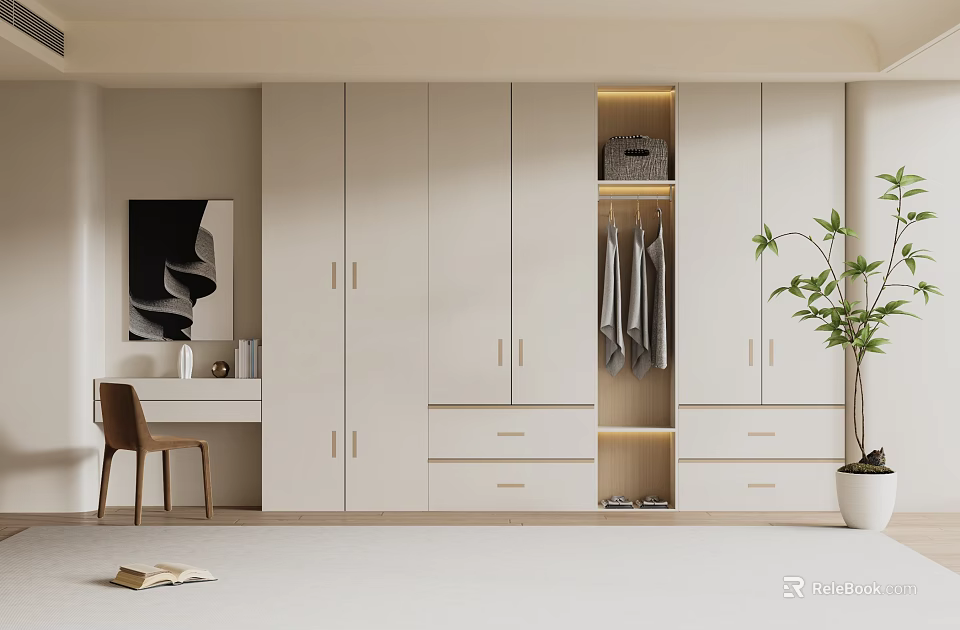 Modern White Wardrobe Interior Design With Cabinets Hanging Space And Drawers 3d model 