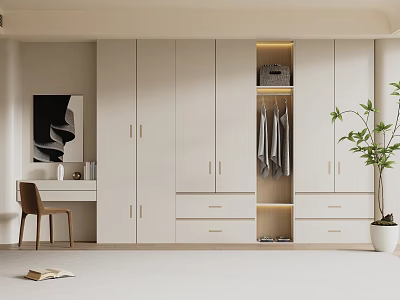 Modern White Wardrobe Interior Design With Cabinets Hanging Space And Drawers 3d model
