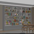 White Multi Tiered Bookcase With Colorful Books Decorations Storage Boxes And Wooden Table Chairs