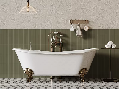 Bathroom Interior Featuring White Bathtub With Golden Feet Green Tiled Walls And Pendant Light 3d model