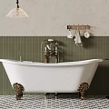 Bathroom Interior Featuring White Bathtub With Golden Feet Green Tiled Walls And Pendant Light