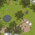 Scenic Park Landscape With Lush Green Lawn Playground Equipment And Children Playing Among Shady Trees