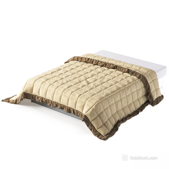 Double Bed With Beige Quilted Bedspread And Brown Ruffled Edges 3d model 