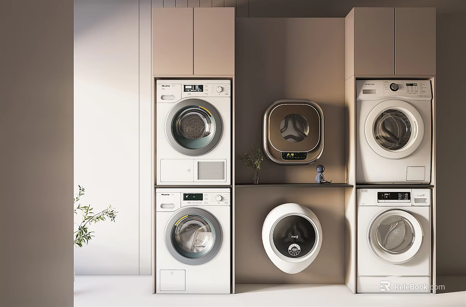Modern Laundry Room Interior With Multiple Front Load Washing Machines And Storage Cabinets 3d model 