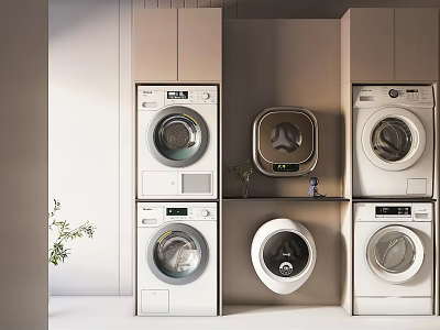 Modern Laundry Room Interior With Multiple Front Load Washing Machines And Storage Cabinets 3d model