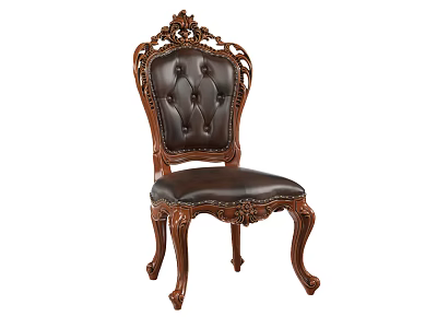 Classic European Style Dining Chair With Carved Wooden Frame And Tufted Leather Backrest 3d model