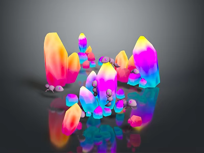 Vibrant Colorful Crystal Structures With Gradient Hues And Small Stones On Reflective Surface 3d model