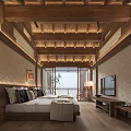 Minimalist Bedroom Interior With Wooden Ceiling Two Beds Natural Light And Light Walls