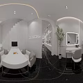 Elegant Modern Open Dining Room With White Marble Table Wall Art And Green Plants