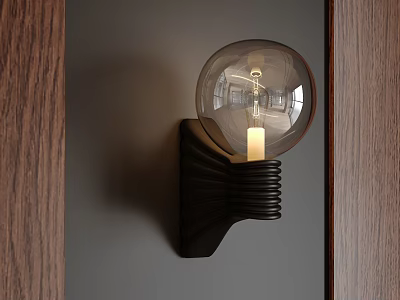 Black Spiral Wall Lamp with Transparent Globe Shade Glowing Bulb on Grey Wall Wooden Panel 3d model