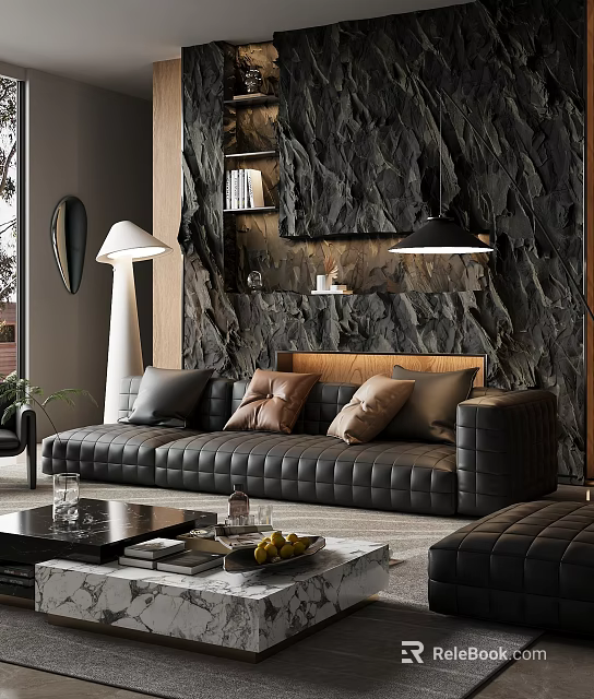 Modern Living Room With Grey Sofa Black Rock Accent Wall Wooden Elements And Floor Lamp 3d model 