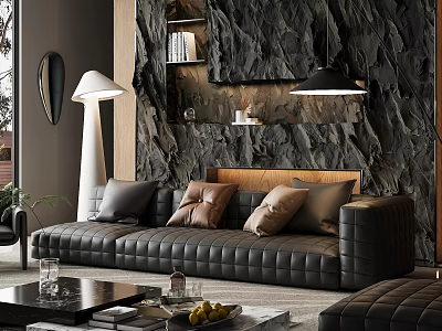 Modern Living Room With Grey Sofa Black Rock Accent Wall Wooden Elements And Floor Lamp 3d model