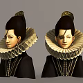 Historical Woman Figure In Black Clothing With White Ruff Collar And Gold Headpiece