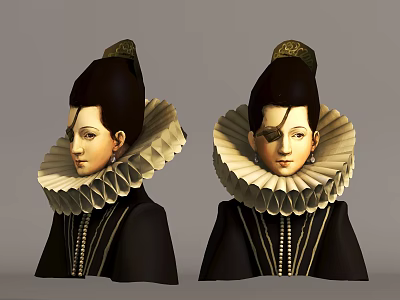 Historical Woman Figure In Black Clothing With White Ruff Collar And Gold Headpiece 3d model