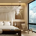Serene Natural Style Hotel Room With Canopy Bed Wooden Furniture And Mountain View Window