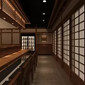 Japanese Restaurant Interior With Wooden Structure Long Dining Table And Circular Lattice Window