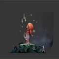 Red Haired Girl Standing On Green Island With Plants Mushrooms Glowing Stars And Dark Smoke