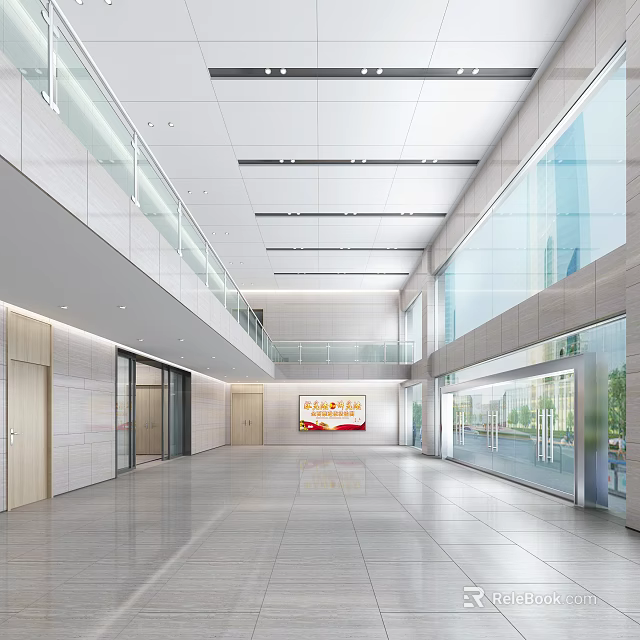 Modern Lobby Front Desk Reception With Glass Curtain Walls Marble Flooring Elevators Digital 3d model 