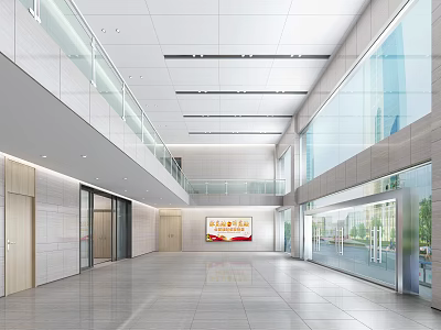 Modern Lobby Front Desk Reception With Glass Curtain Walls Marble Flooring Elevators Digital 3d model