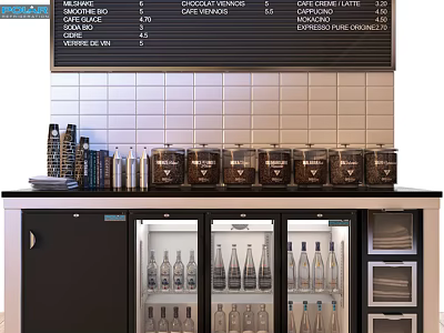 Vintage Coffee Shop Interior With Dark Wood Cabinets White Tile Wall And Glass Jars 3d model