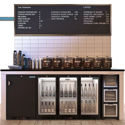 Vintage Coffee Shop Interior With Dark Wood Cabinets White Tile Wall And Glass Jars 3d model
