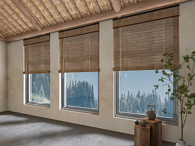 Rustic Bamboo Blinds Adorning Three Windows with Forest View and Wooden Ceiling 3d model