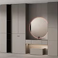 Modern Minimalist Vanity With White Cabinets Round Mirror And Ring Light