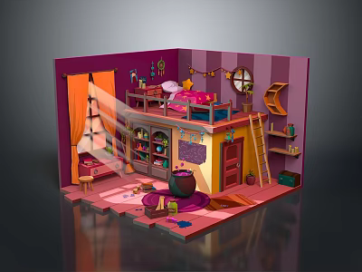 Colorful Cartoon Room Scene With Bunk Bed Ladder Bookshelf Cauldron Rug And Window Decor 3d model