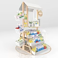 Commercial Retail Display Shelf with Beverage Bottles White Packaged Boxes Flower Bouquet and Promotion Signs