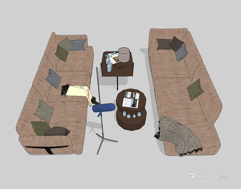 Living Room Brown Sofa and Coffee Table Set with Green Gray Pillows Throw Blanket 3d model 