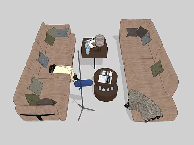 Living Room Brown Sofa and Coffee Table Set with Green Gray Pillows Throw Blanket 3d model