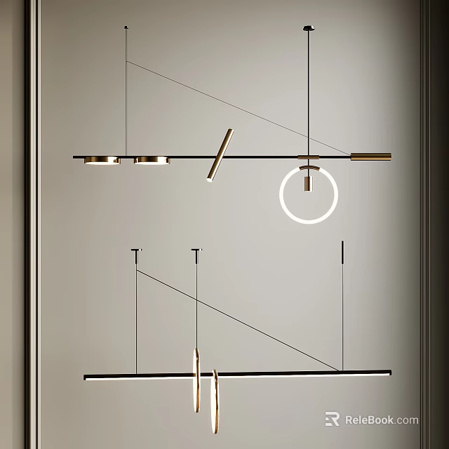 Modern Pendant Light Design With Linear Metal Bars And Circular Rings 3d model