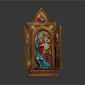 Detailed Colorful Carved Religious Sculpture With Madonna And Child Triptych Design