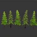 Five Green Paper Pine Trees With Reflections On Gray Background