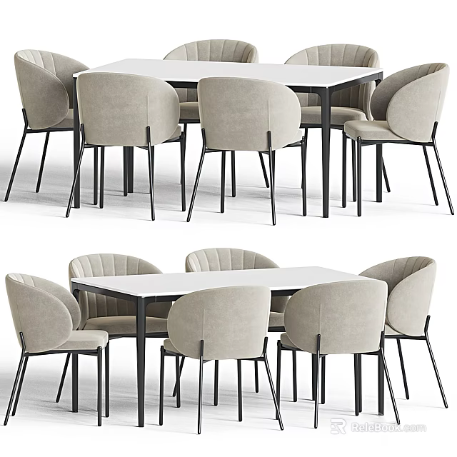 Modern Rectangular Dining Table Set With Beige Upholstered Chairs And Black Metal Legs 3d model