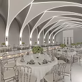 Elegant White Banquet Hall Interior With Arched Ceiling Marble Floor And Arranged Tables