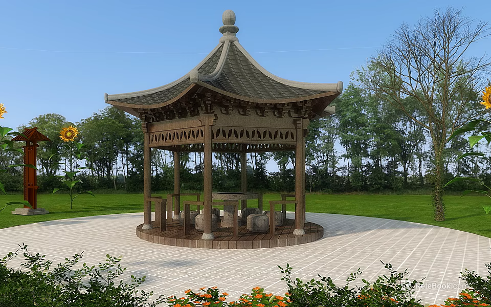 Traditional Chinese Style Garden Pavilion With Grass Trees And Stone Floor 3d model 