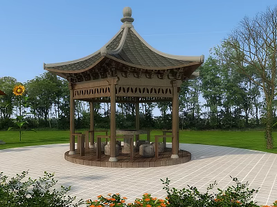 Traditional Chinese Style Garden Pavilion With Grass Trees And Stone Floor 3d model