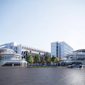 Modern Commercial Street with Modern Buildings Glass Facades Trees and Cars on Road