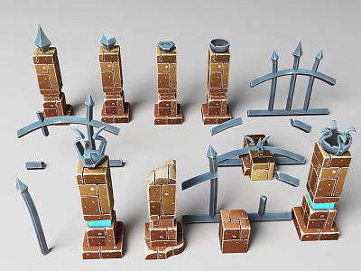 Decorative Fence Components With Various Designed Posts Rails And Metal Elements 3d model