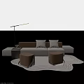 Modern Sofa and Coffee Table Set with Brown Ottomans Floor Lamp and Wavy Rug
